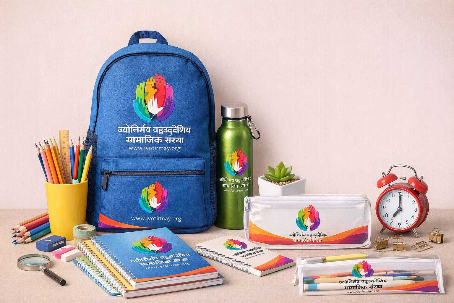School stationery kit with notebooks, pens, and pencils